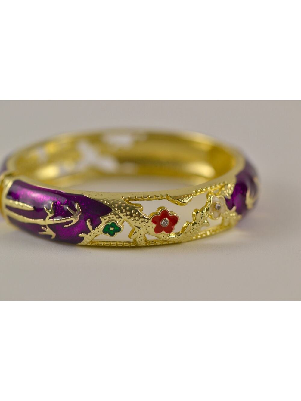 Purple Enamel Openwork Clamper Bracelet Red Green Gold Clear Rhinestones